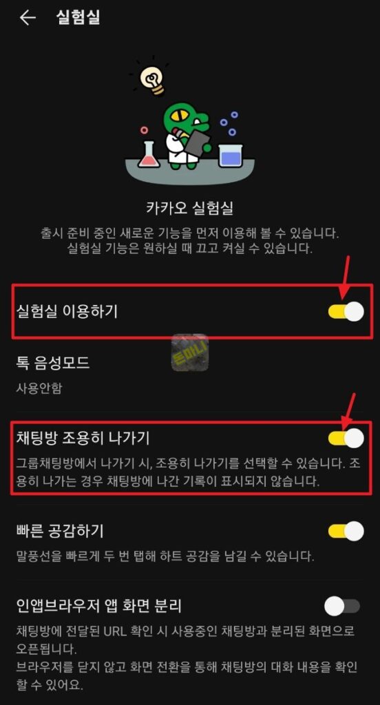 카카오톡 실험실 채팅방 조용히 나가기 업데이트