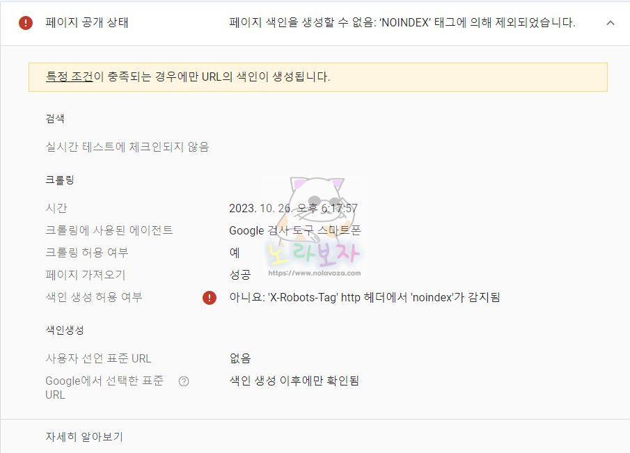 페이지 색인을 생성할 수 없음 : 'NOINDEX' 태그에 의해 제외되었습니다.