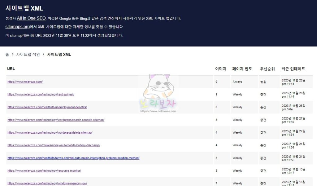표준 사이트맵 sitemap.xml 파일 한개로 구성되어 있음