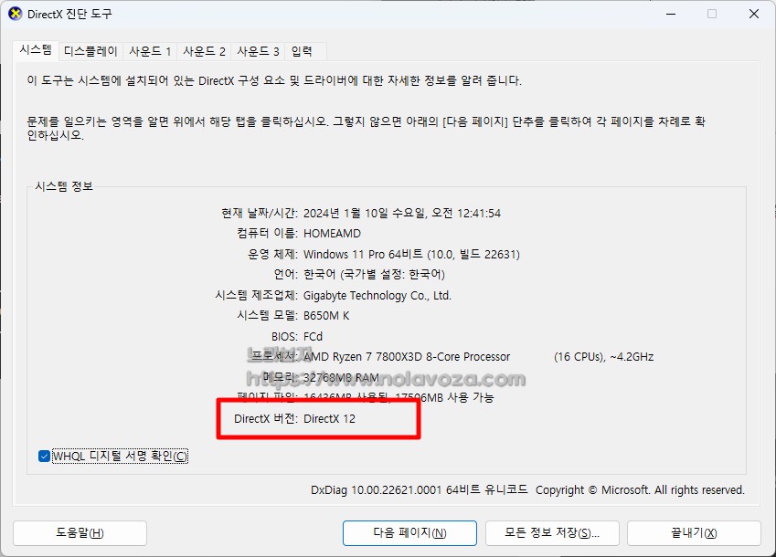 DirectX 진단 도구 버전 확인